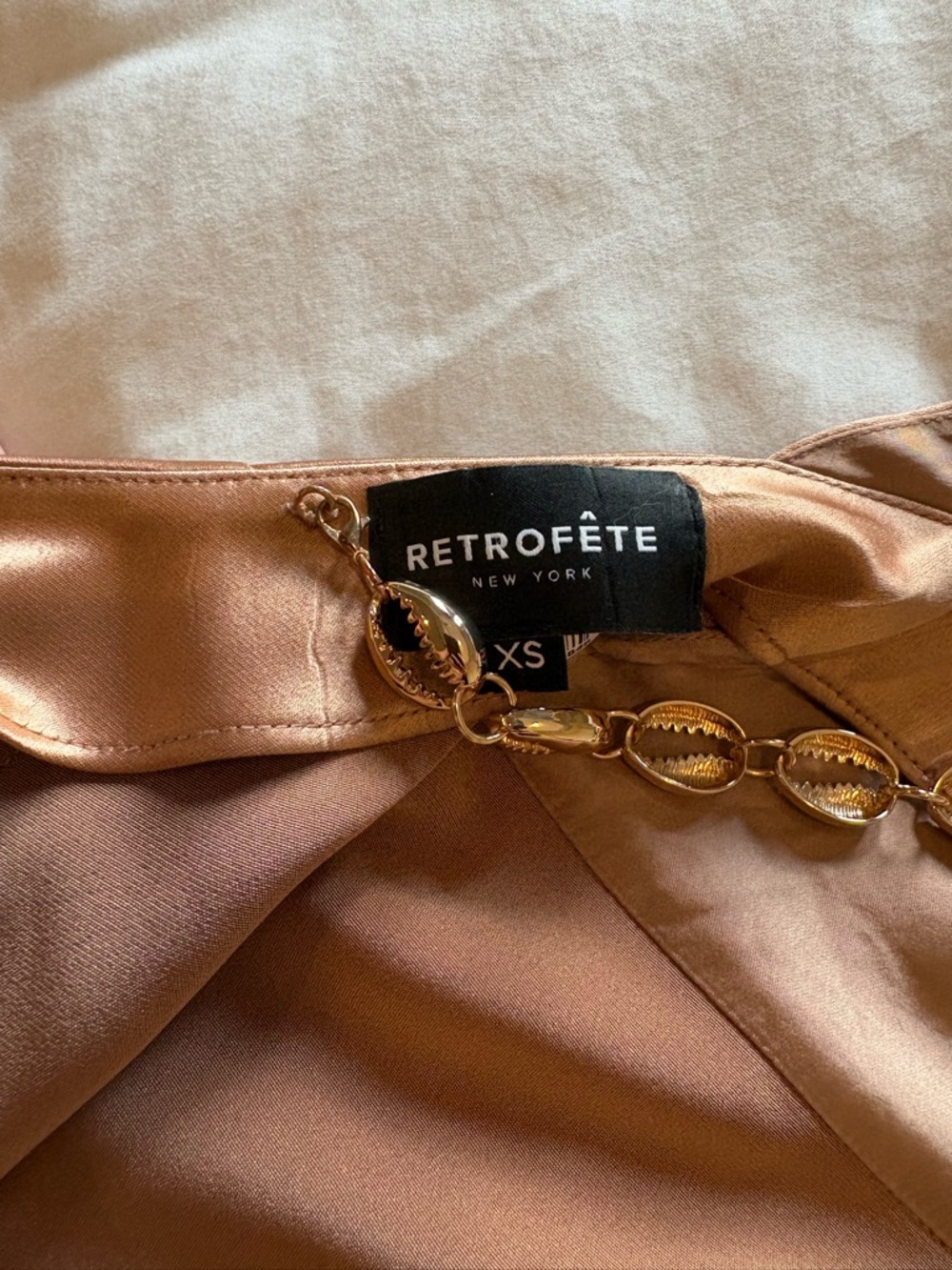 Retrofête Tan Satin Maxi Dress in Bronze with Gold Chain - Tasha dress